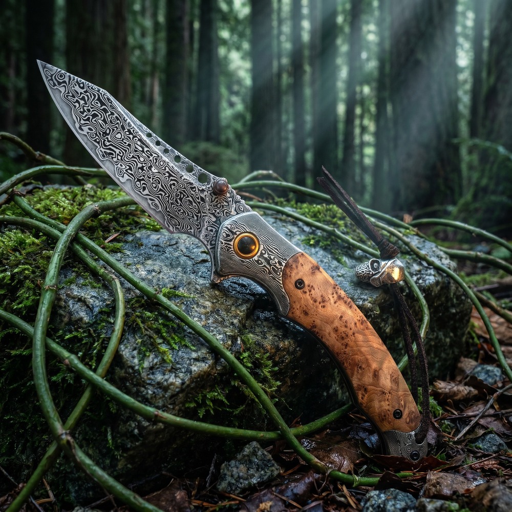 Vintage Collectible Knives - 고경도 다마스커스 패턴 접이식 나이프 빈티지